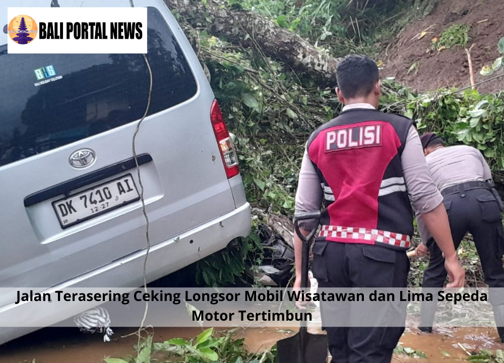 Jalan Terasering Ceking Longsor Mobil Wisatawan dan Lima Sepeda Motor Tertimbun
